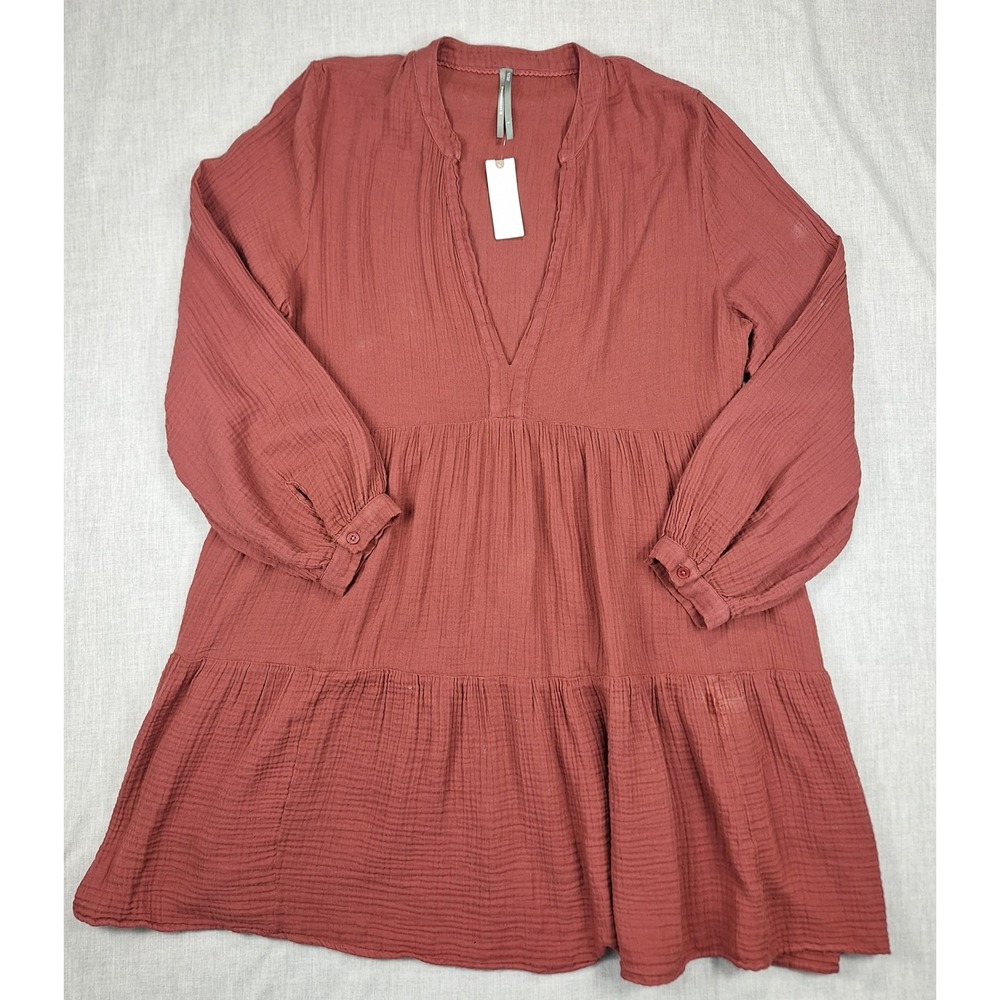 Anthropologie Cotton Gauze Tiered Mini Dress Babydoll Y2k Wine Long Sleeve Large